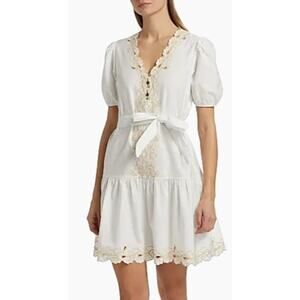 Rails Tulip Embroidered White Cotton Tie-Waist Mini Dress Size XS Eyelet Boho